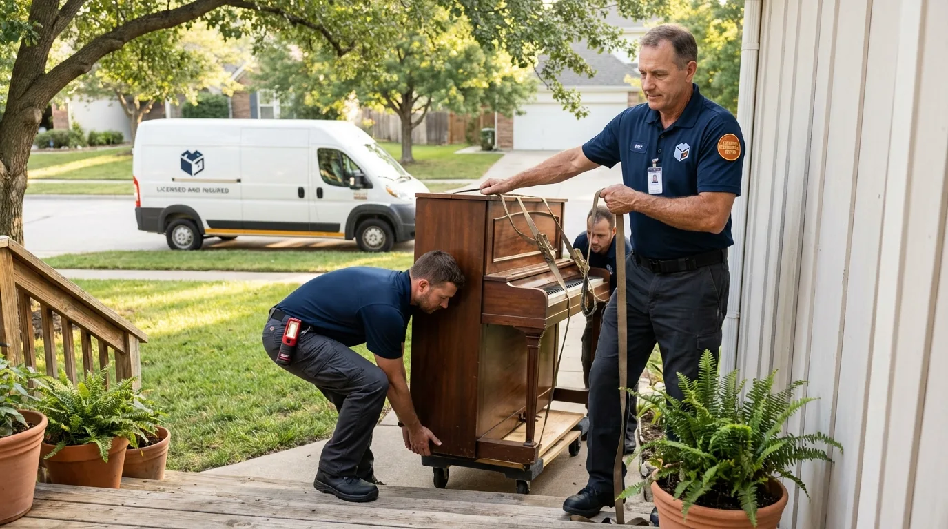 Licensed piano movers securing grand piano in Littlerock, CA
