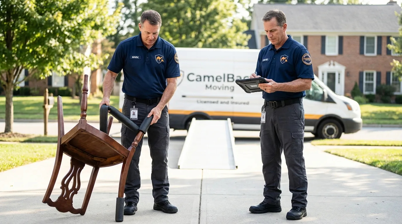 Movers inspecting furniture for damage prevention before loading in Littlerock, CA