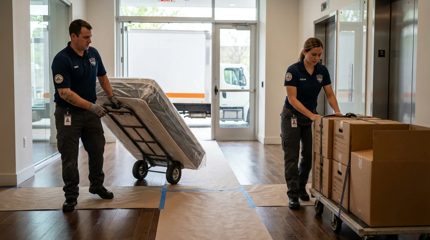 Professional apartment movers loading elevator in Littlerock, CA